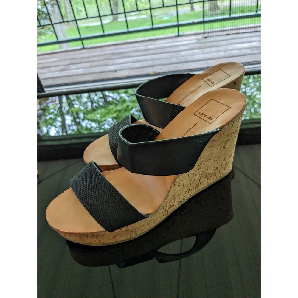 Dolce Vita Porcia Shoes Women's 9 Black Faux Leather Cork Wedge Sandals Coastal